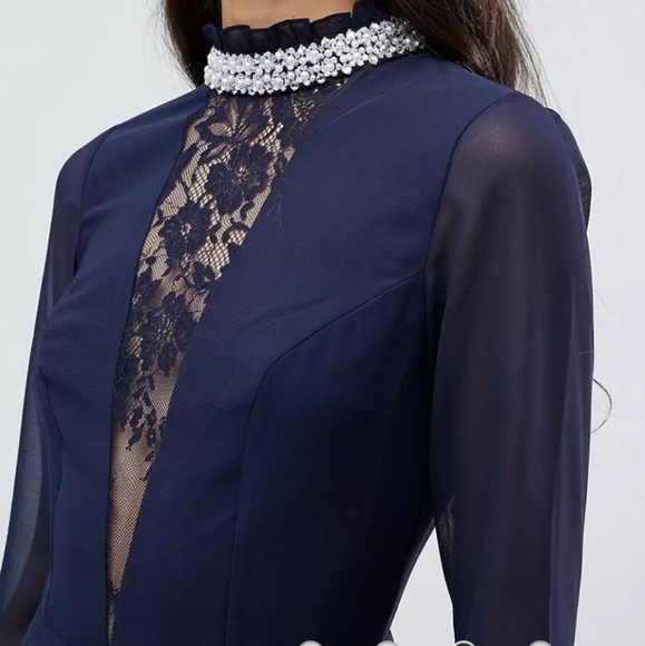 ASOS Tall Embellished Frill Neck Fluted Sleeve Mini Dress - Picture 7 of 15